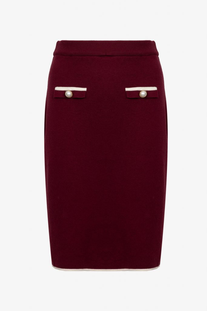 ON TRİKO Süs Düğmeli Diz Üstü Triko Etek 69915 - bordo