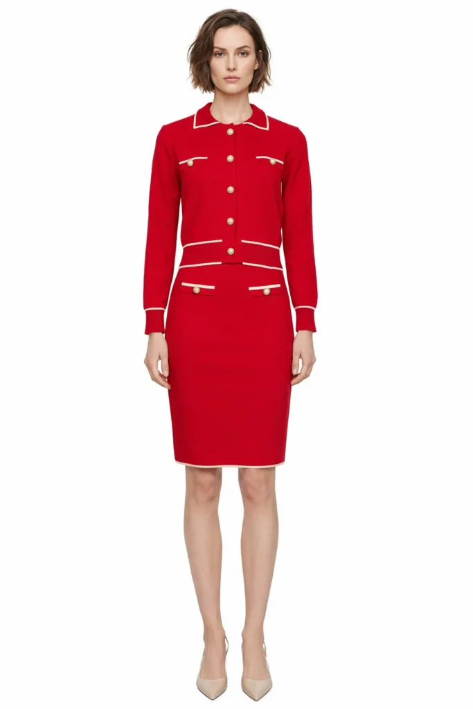 ON TRİKO Süs Düğmeli Diz Üstü Triko Etek 69915 - KIRMIZI