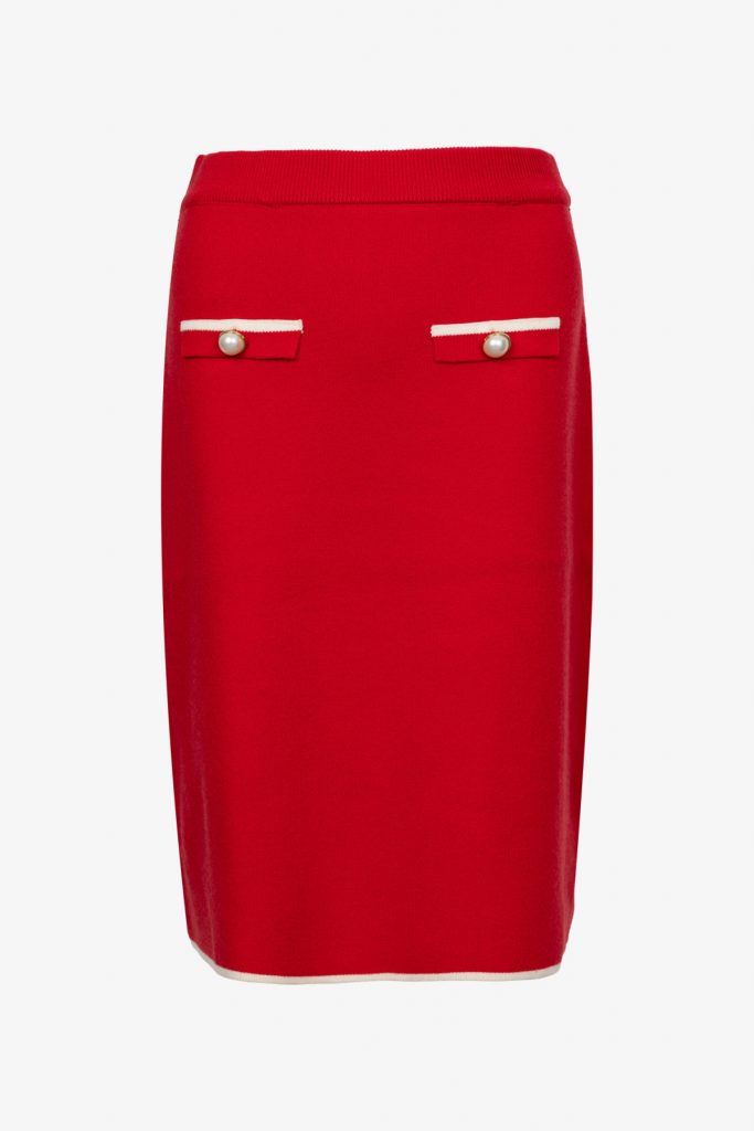 ON TRİKO Süs Düğmeli Diz Üstü Triko Etek 69915 - KIRMIZI