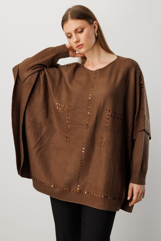 ON TRİKO Taş Detaylı Yarasa Kol Triko Kazak 60301 - kahve
