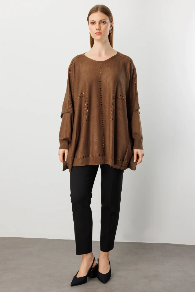 ON TRİKO Taş Detaylı Yarasa Kol Triko Kazak 60301