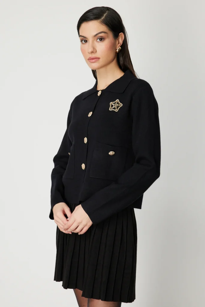 ON TRİKO Yıldız İşlemeli Torba Cepli Hırka 60926 - Siyah