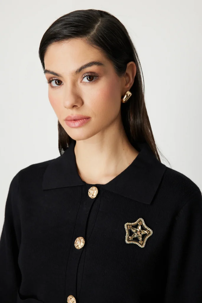 ON TRİKO Yıldız İşlemeli Torba Cepli Hırka 60926 - Siyah