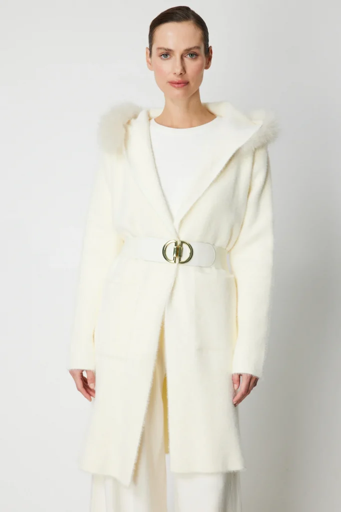 ON TRİKO Yakası Kürklü Peluş Hırka 63911 - KREM