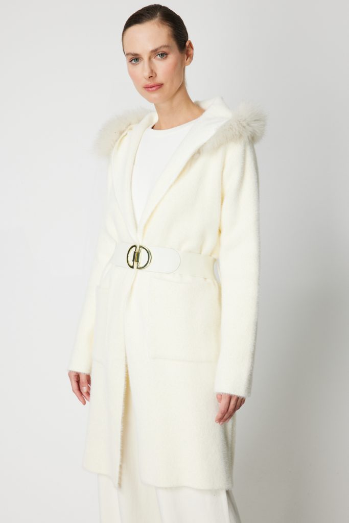 ON TRİKO Yakası Kürklü Peluş Hırka 63911 - KREM