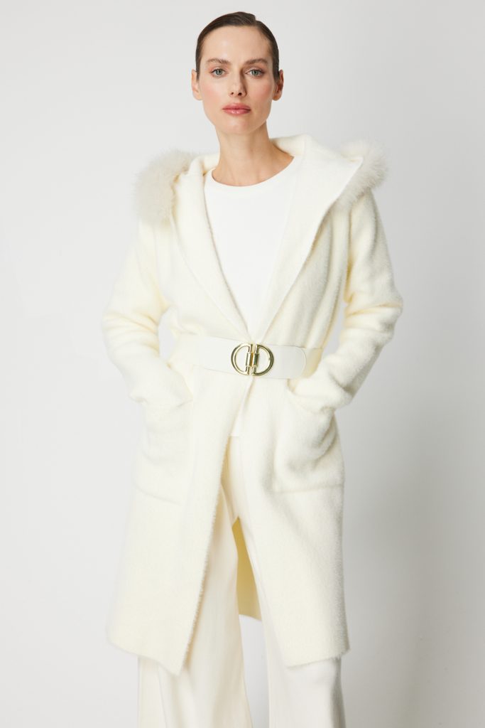 ON TRİKO Yakası Kürklü Peluş Hırka 63911 - KREM