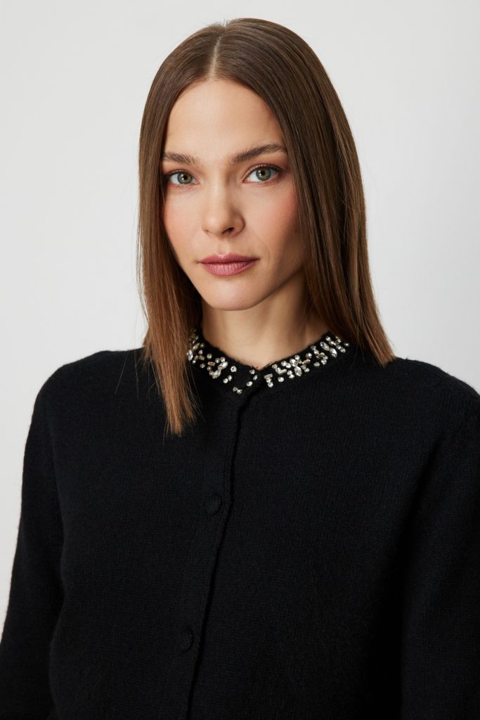 ON TRİKO Yakası Taşlı Triko Hırka 63927 - Siyah