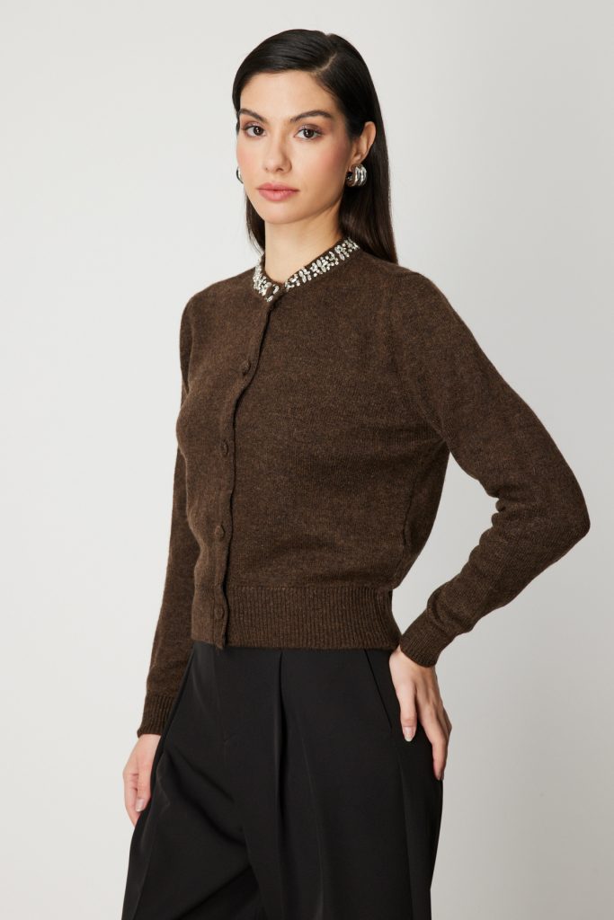 ON TRİKO Yakası Taşlı Triko Hırka 63927 - kahve