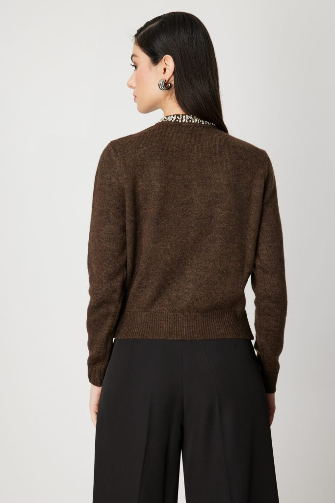 ON TRİKO Yakası Taşlı Triko Hırka 63927 - kahve