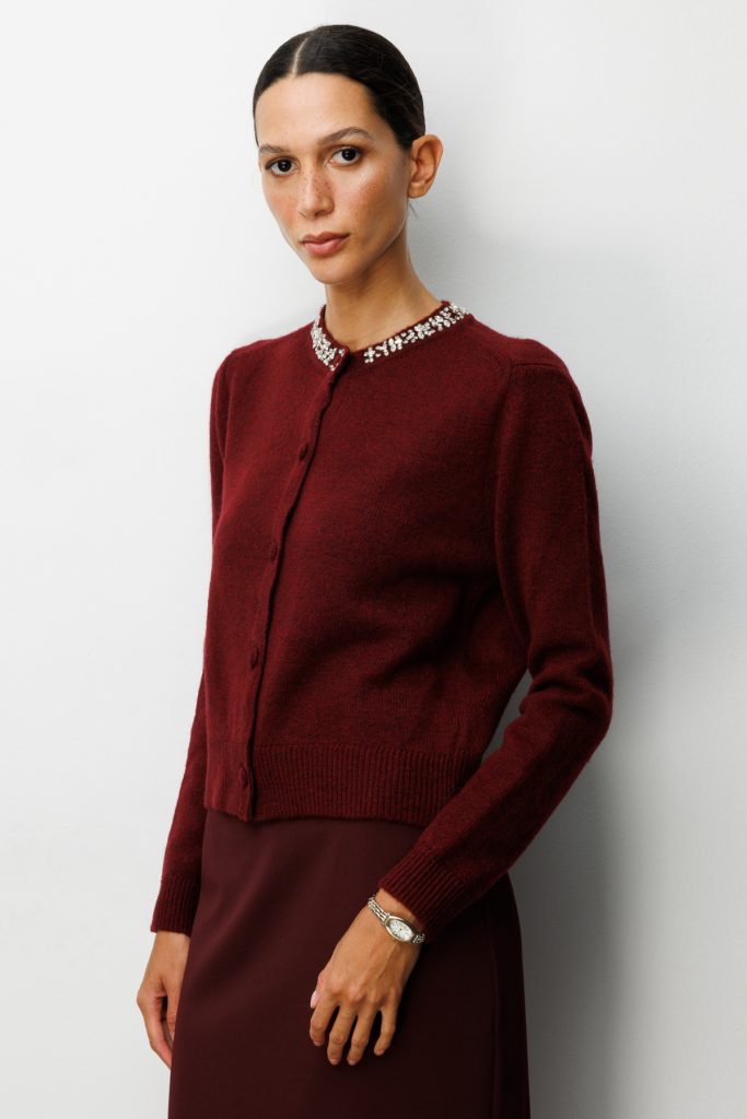 ON TRİKO Yakası Taşlı Triko Hırka 63927 - bordo