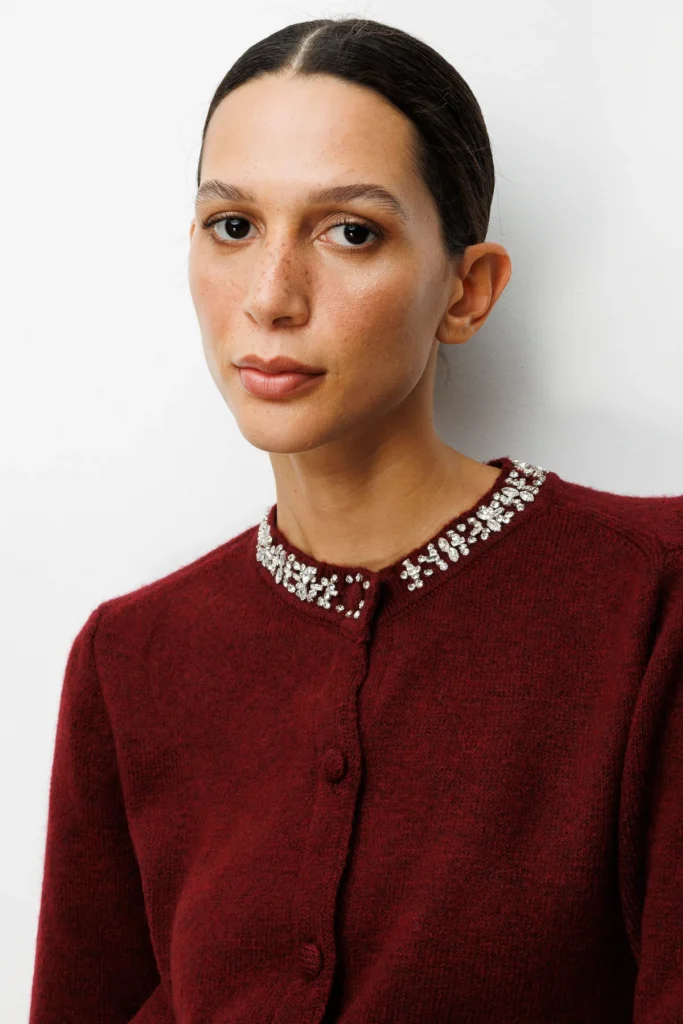 ON TRİKO Yakası Taşlı Triko Hırka 63927 - bordo