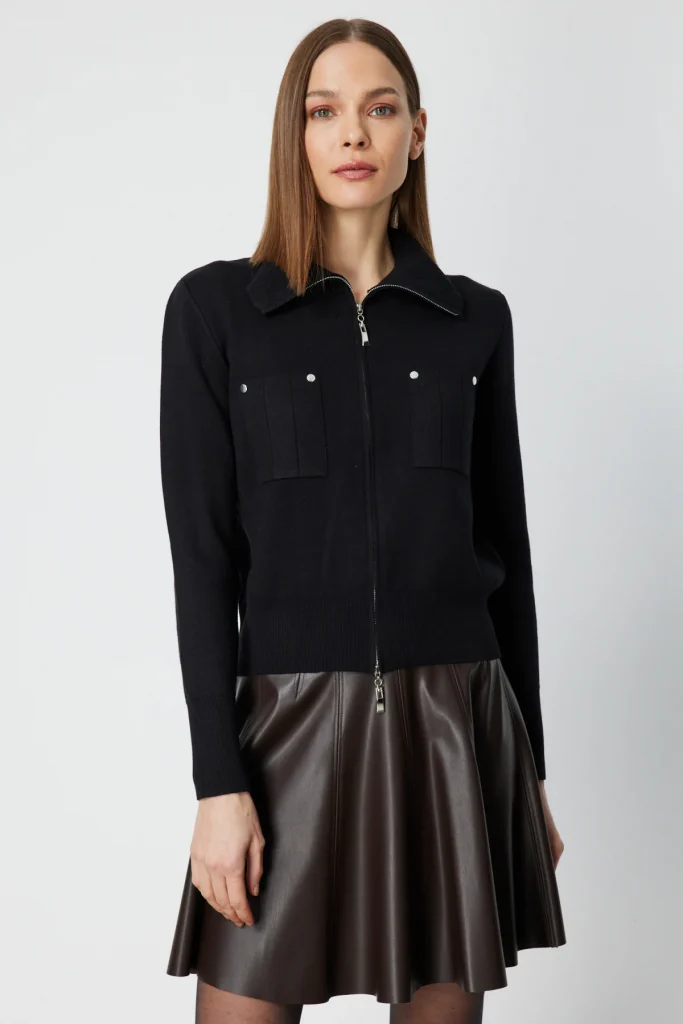 ON TRİKO Cep Detaylı Fermuarlı Triko Hırka 69904 - Siyah