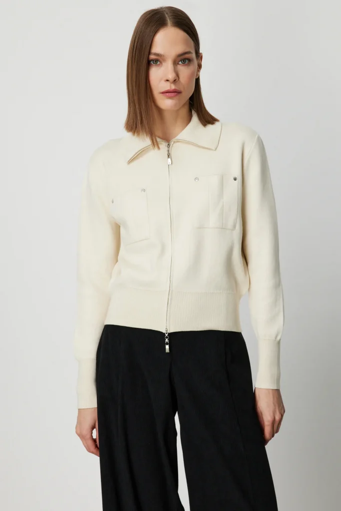 ON TRİKO Cep Detaylı Fermuarlı Triko Hırka 69904 - KREM