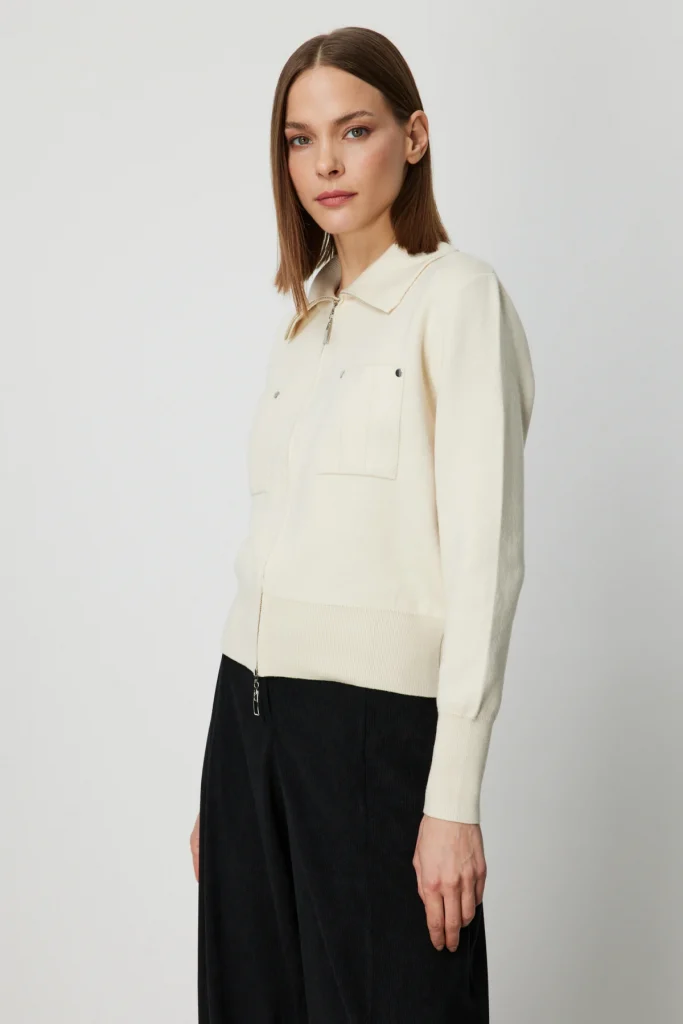 ON TRİKO Cep Detaylı Fermuarlı Triko Hırka 69904 - KREM