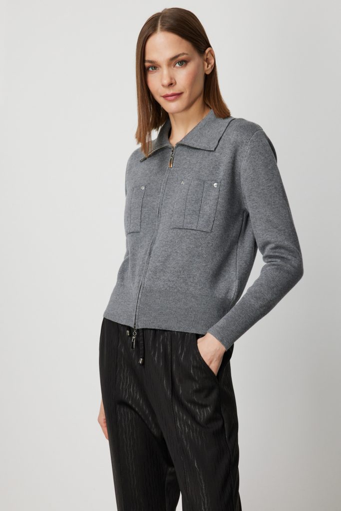 ON TRİKO Cep Detaylı Fermuarlı Triko Hırka 69904 - GRİ