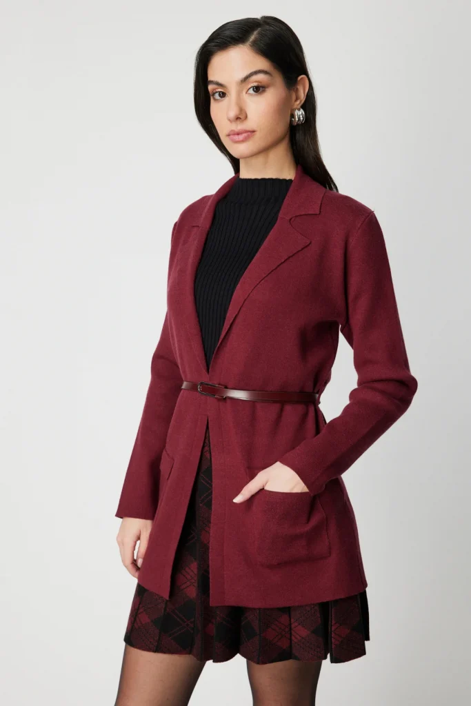 ON TRİKO Beli Kemerli Kapak Cepli Hırka 69907 - bordo