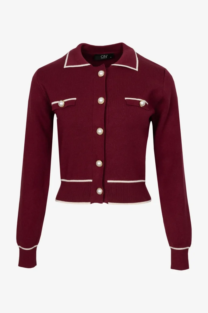 ON TRİKO Şerit Detaylı Düğmeli Hırka 69914 - bordo