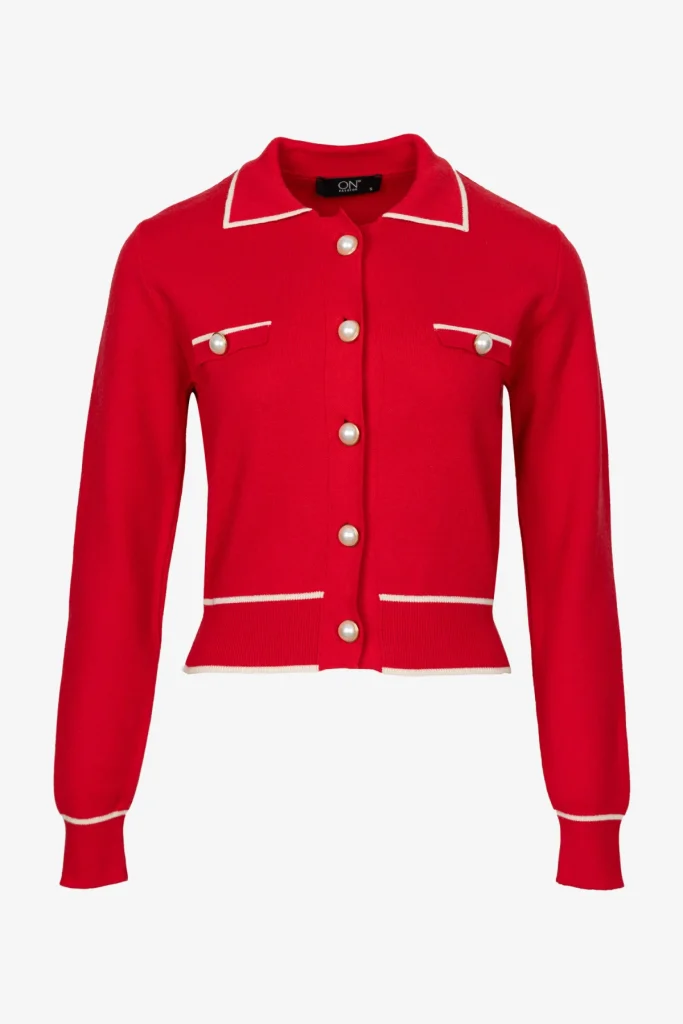 ON TRİKO Şerit Detaylı Düğmeli Hırka 69914 - KIRMIZI