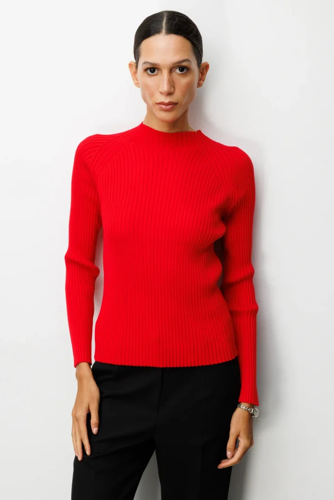 ON TRİKO Dik Yaka Fitilli Triko Kazak 60357 - KIRMIZI