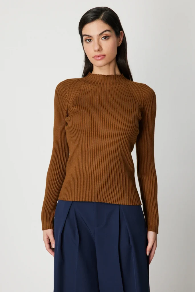 ON TRİKO Dik Yaka Fitilli Triko Kazak 60357 - kahve