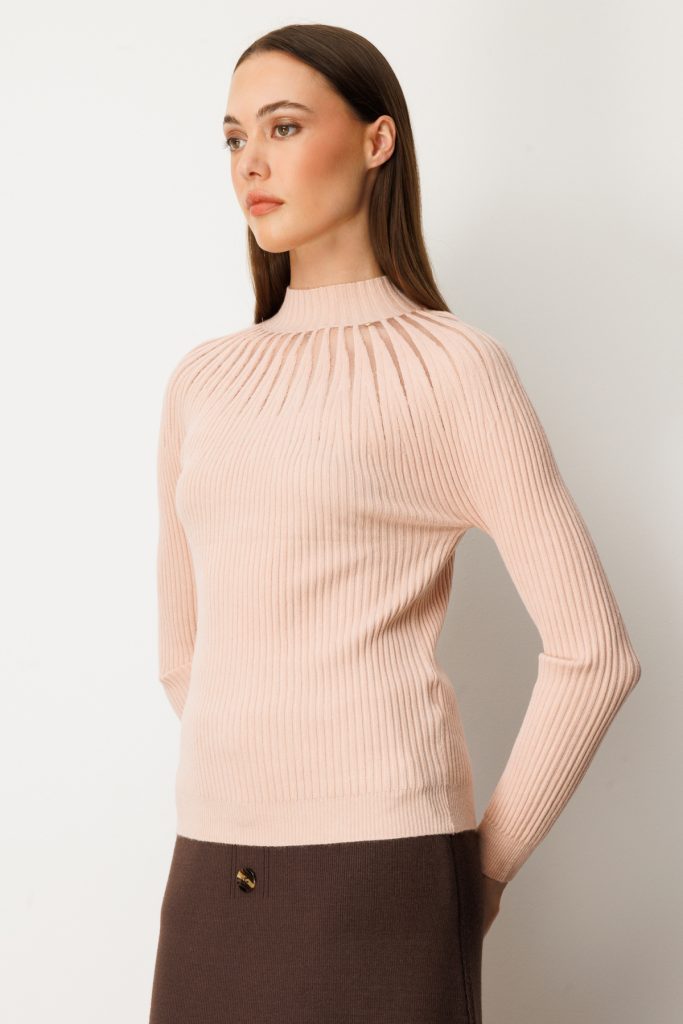 ON TRİKO Dik Yaka Tül Detaylı Triko Kazak 60384