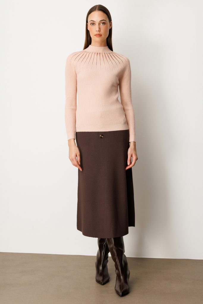 ON TRİKO Dik Yaka Tül Detaylı Triko Kazak 60384 - pembe