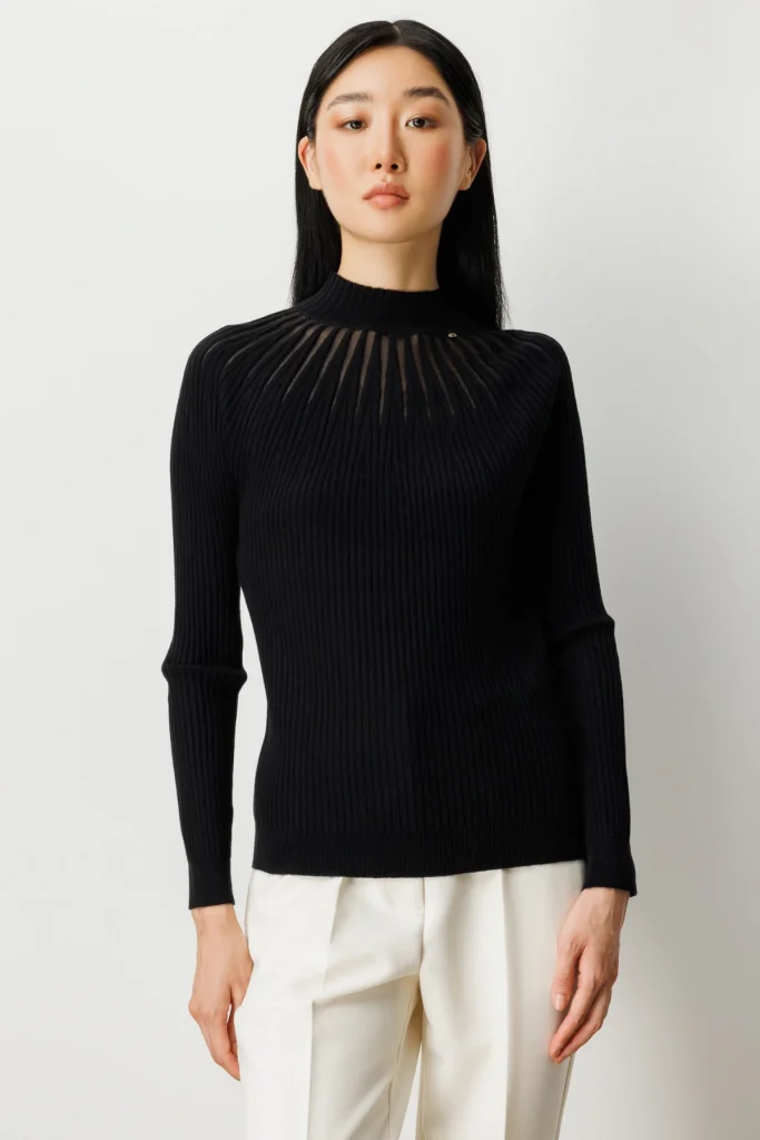 ON TRİKO Dik Yaka Tül Detaylı Triko Kazak 60384 - Siyah