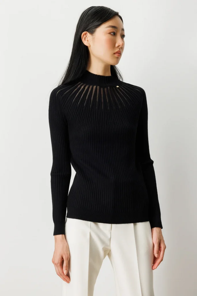 ON TRİKO Dik Yaka Tül Detaylı Triko Kazak 60384 - Siyah