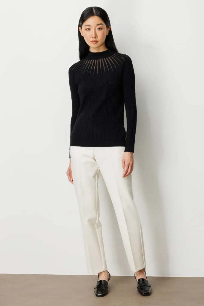 ON TRİKO Dik Yaka Tül Detaylı Triko Kazak 60384 - Siyah