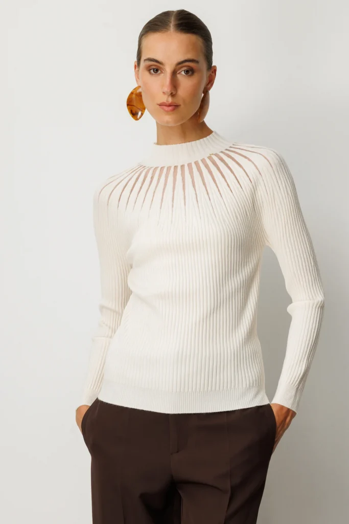 ON TRİKO Dik Yaka Tül Detaylı Triko Kazak 60384 - EKRU