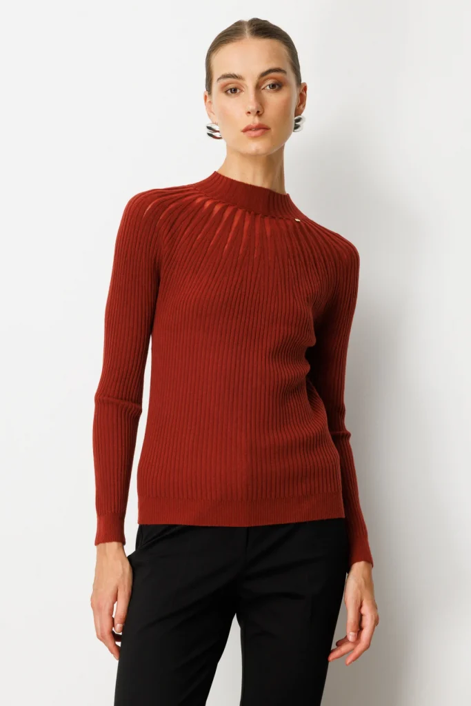 ON TRİKO Dik Yaka Tül Detaylı Triko Kazak 60384 - bordo