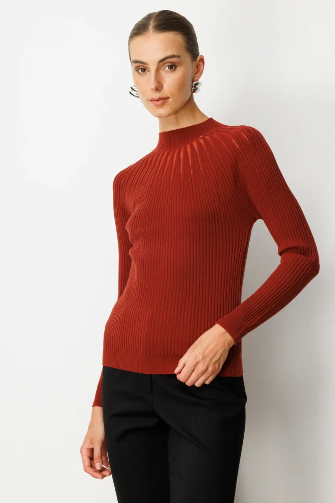 ON TRİKO Dik Yaka Tül Detaylı Triko Kazak 60384 - bordo