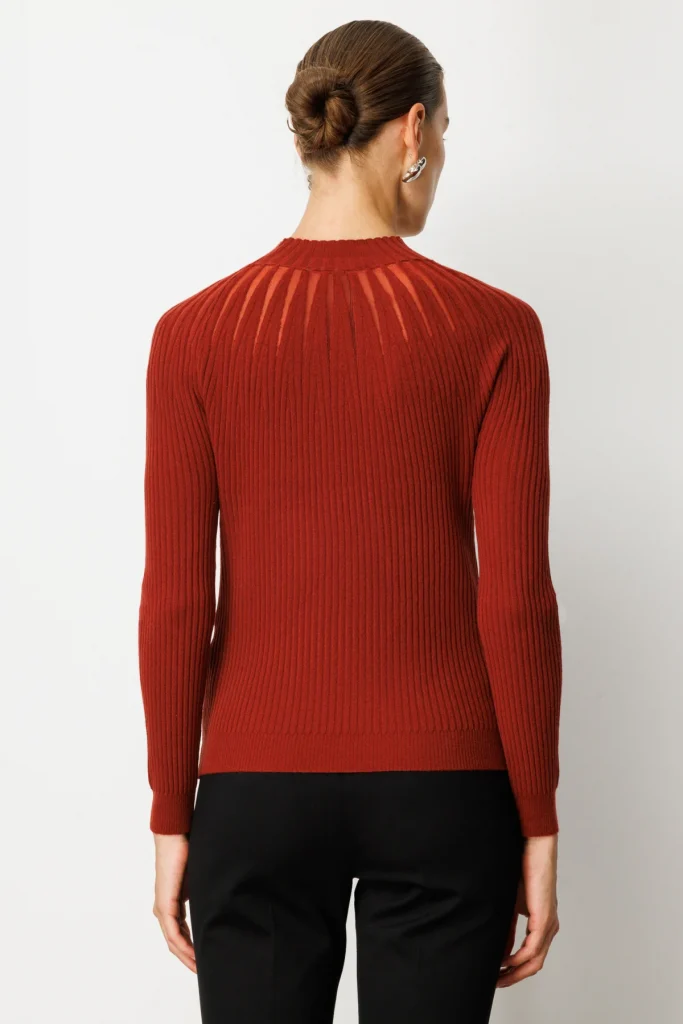 ON TRİKO Dik Yaka Tül Detaylı Triko Kazak 60384 - bordo