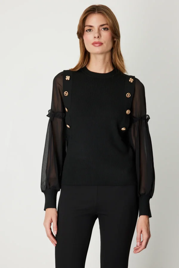 ON TRİKO Balon Kol Süs Düğmeli Triko Kazak 60416