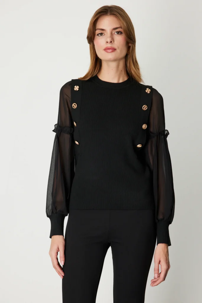 ON TRİKO Balon Kol Süs Düğmeli Triko Kazak 60416 - Siyah