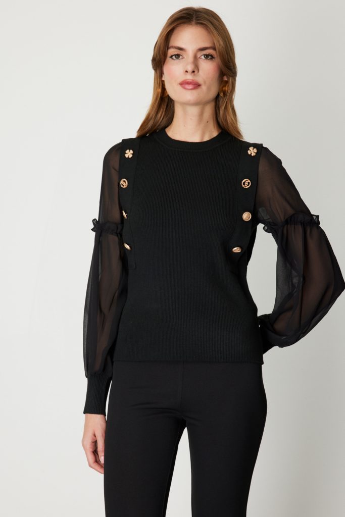 ON TRİKO Balon Kol Süs Düğmeli Triko Kazak 60416 - Siyah