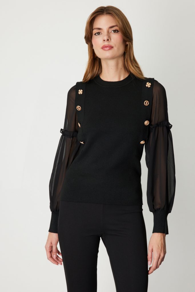 ON TRİKO Balon Kol Süs Düğmeli Triko Kazak 60416 - Siyah