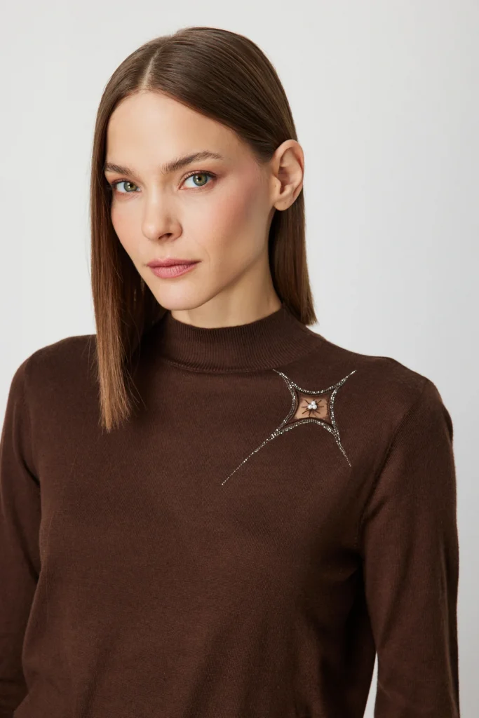 ON TRİKO Omzu Taş Detaylı Triko Kazak 60453 - kahve