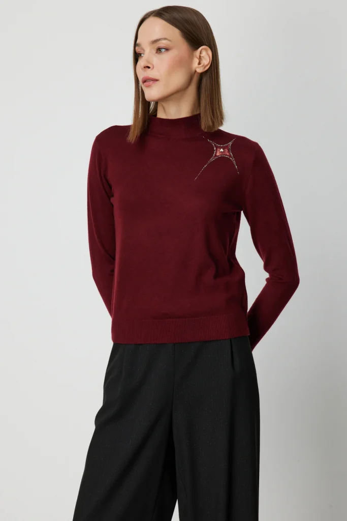 ON TRİKO Omzu Taş Detaylı Triko Kazak 60453 - bordo