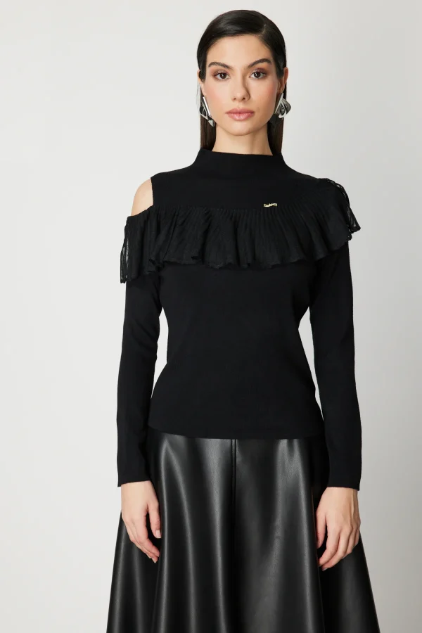 ON TRİKO Omzu Açık Tül Aksesuarlı Triko Kazak 60474