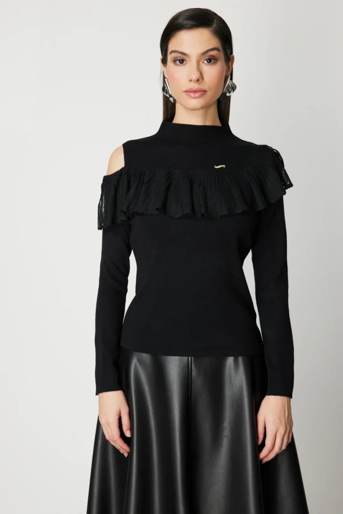 ON TRİKO Omzu Açık Tül Aksesuarlı Triko Kazak 60474 - Siyah