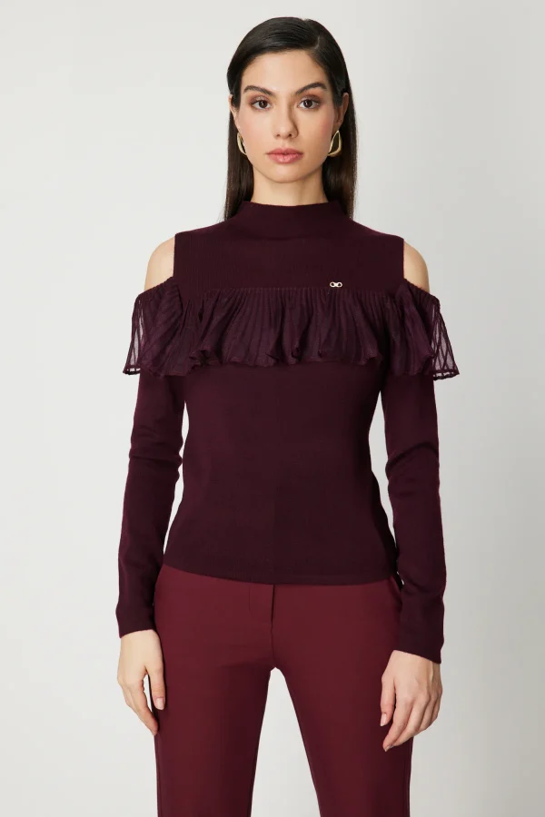 ON TRİKO Omzu Açık Tül Detaylı Triko Kazak 60475