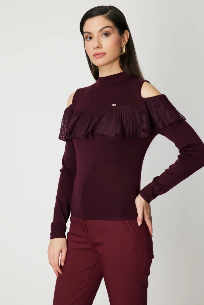 ON TRİKO Omzu Açık Tül Detaylı Triko Kazak 60475 - bordo