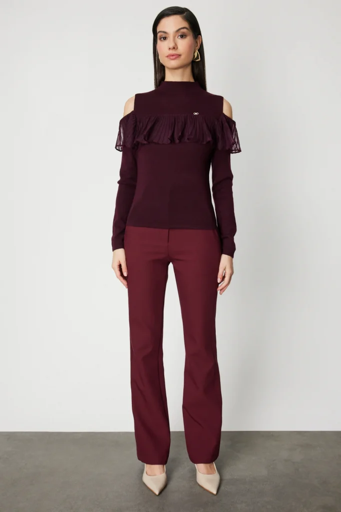 ON TRİKO Omzu Açık Tül Detaylı Triko Kazak 60475 - bordo