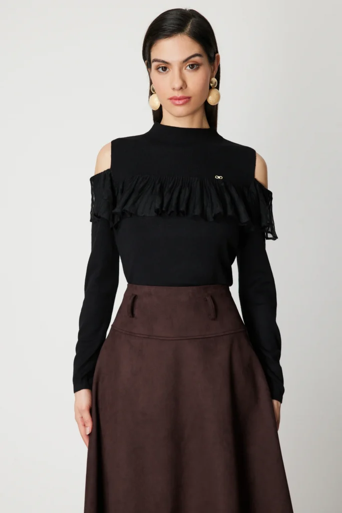 ON TRİKO Omzu Açık Tül Detaylı Triko Kazak 60475 - Siyah