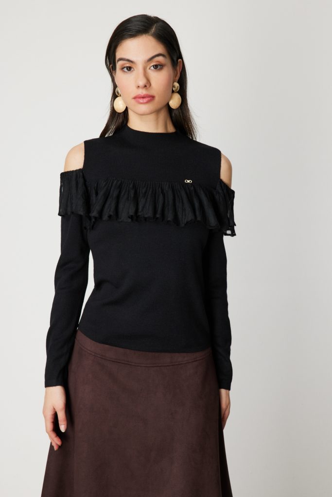 ON TRİKO Omzu Açık Tül Detaylı Triko Kazak 60475 - Siyah