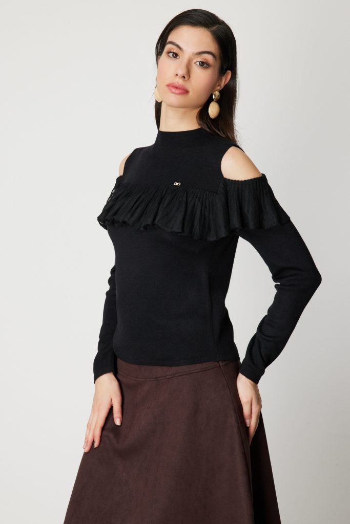 ON TRİKO Omzu Açık Tül Detaylı Triko Kazak 60475 - Siyah