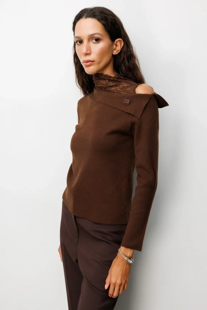 ON TRİKO Yakası Dantelli Omzu Açık Triko Kazak 60477 - kahve