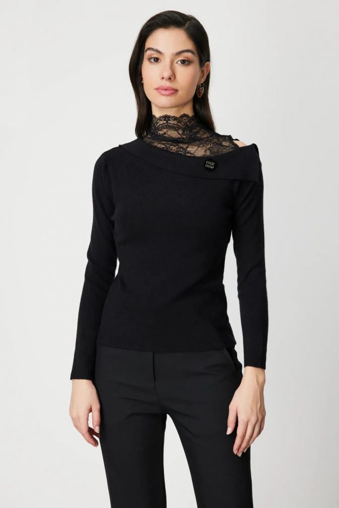 ON TRİKO Yakası Dantelli Omzu Açık Triko Kazak 60477 - Siyah