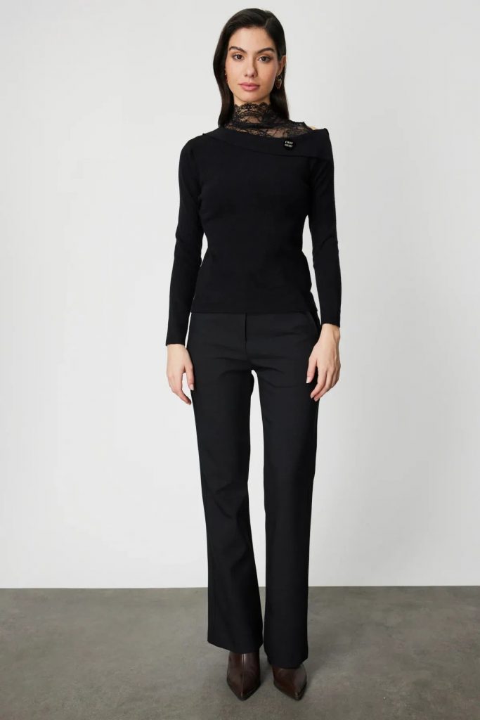 ON TRİKO Yakası Dantelli Omzu Açık Triko Kazak 60477 - Siyah